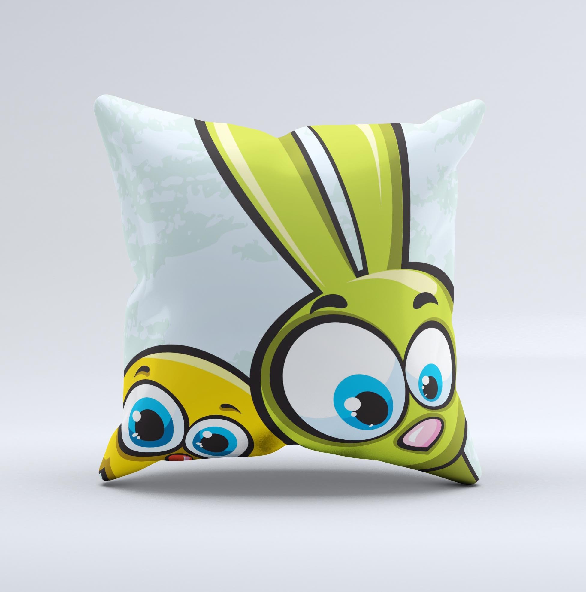 Toon Green Rabbit and Yellow Chicken decorative throw pillow, showcasing vibrant colors and unique ink-fuzed design, handcrafted in Virginia.